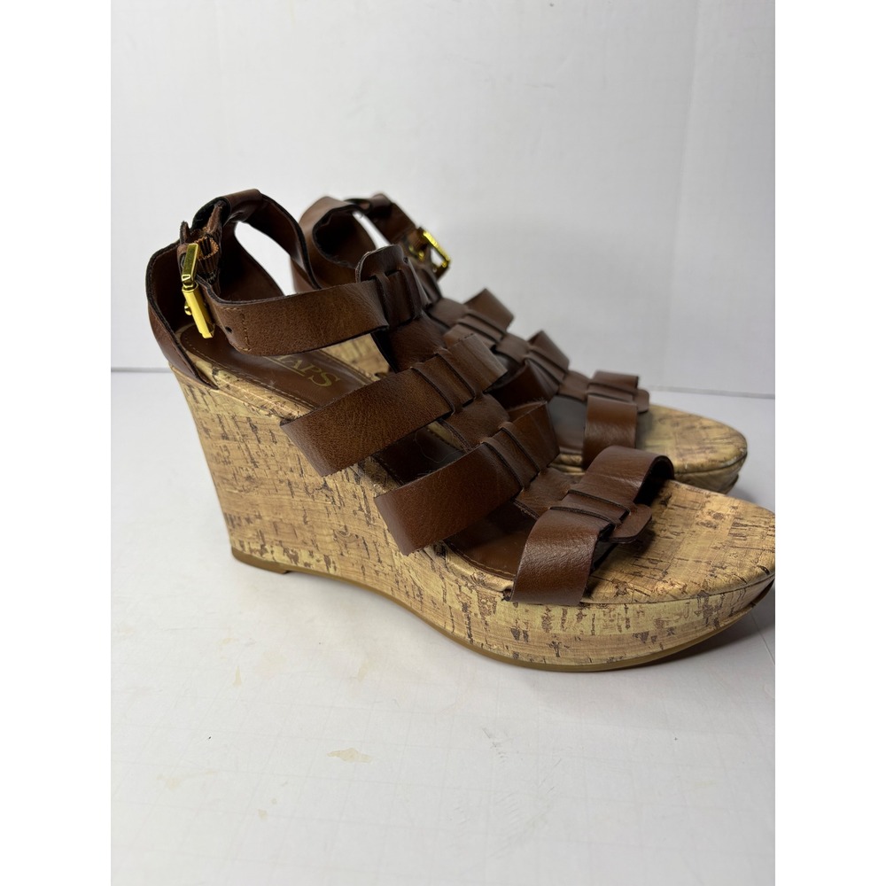 Chaps Brown Strappy Cork Wedge Sandals Womens 6.5B Platform Buckle Gladiator